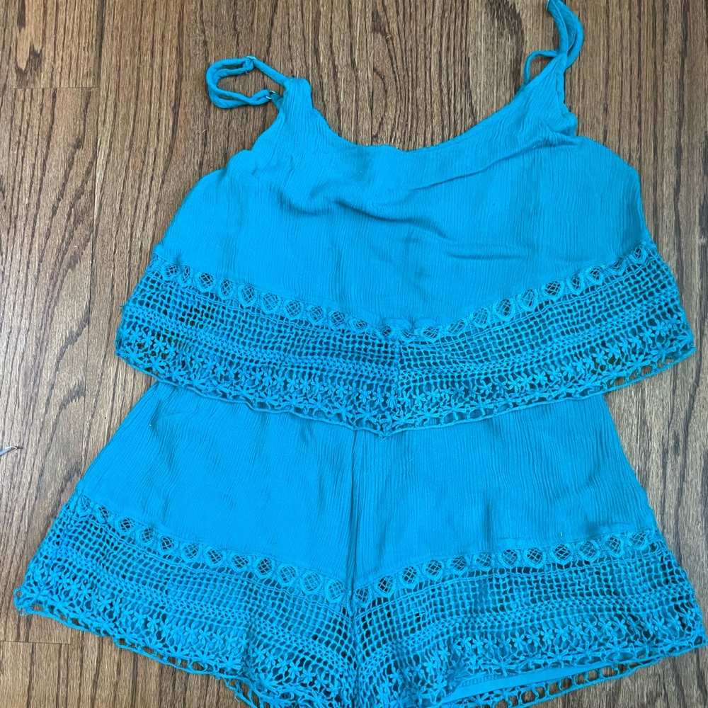 Wild Fable Blue/Aqua Lace Romper SM-Med Key Hole Button Spaghetti Strap Two Tier